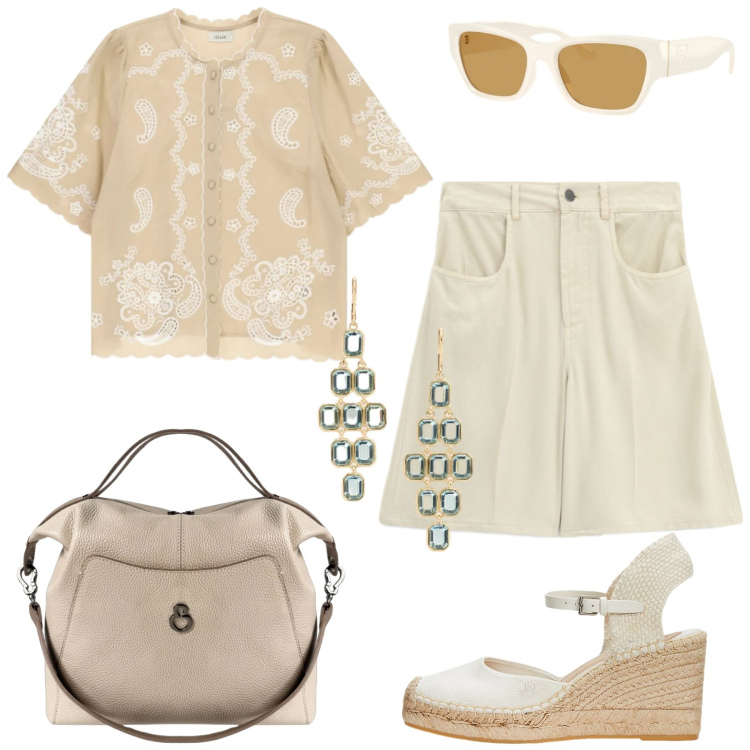 Outfit donna - Voglia di vacanze. Stile Casual chic per Tutti i giorni. Abbinamento con camicie, bermuda, espadrillas, occhiali da sole, orecchini, borse a mano.