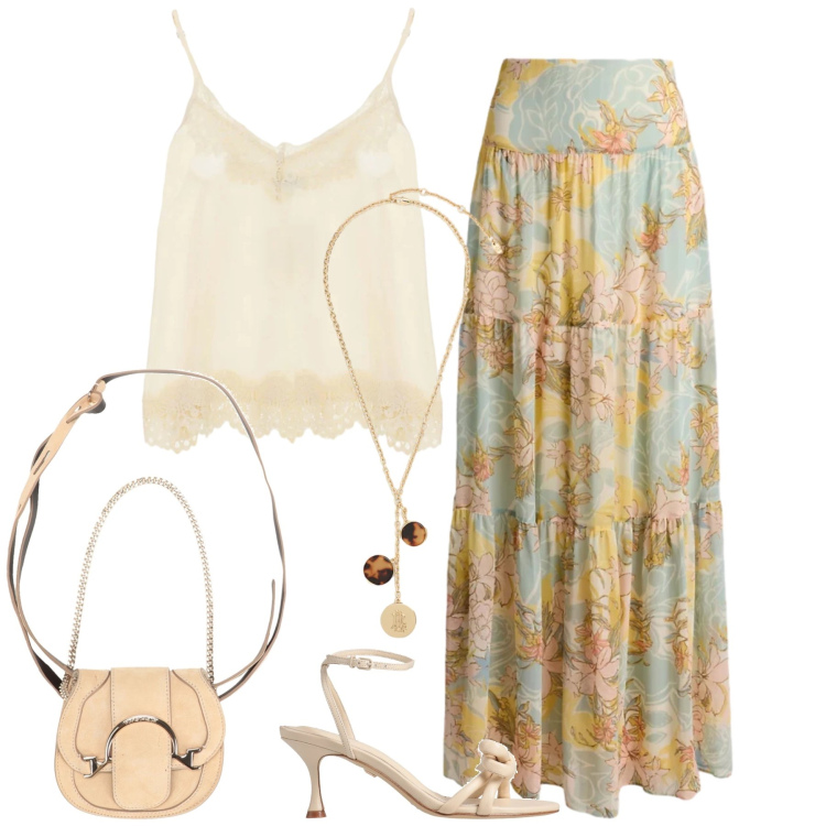 Outfit donna - In giro. Stile Boho per Tutti i giorni. Abbinamento con marsupi, sandali in pelle, top, collane, gonne lunghe.