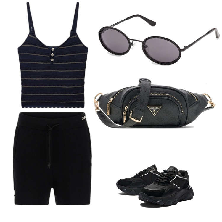 Outfit mujer - Sporty chic #1615. Estilo Sporty chic para Todos los días. Combinación con gafas de sol, riñoneras, shorts, top, sneakers.