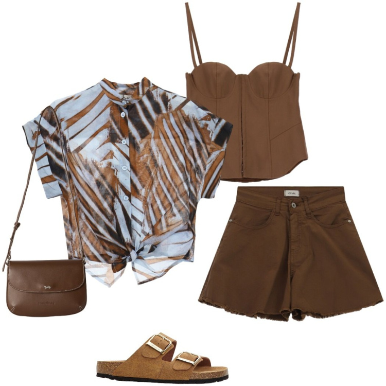Outfit donna - Summer holidays. Stile Casual chic per Tutti i giorni. Abbinamento con ciabatte, borse a tracolla, camicie a manica corta, top, shorts.