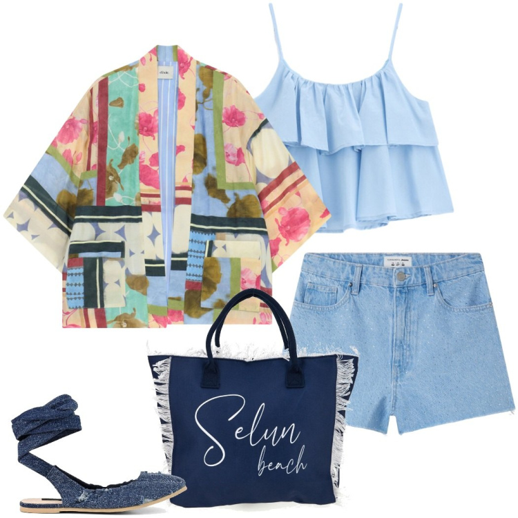 Outfit donna - Summer holidays. Stile Casual chic per Mare. Abbinamento con shorts, top, cappotti, ballerine, shopping bag.