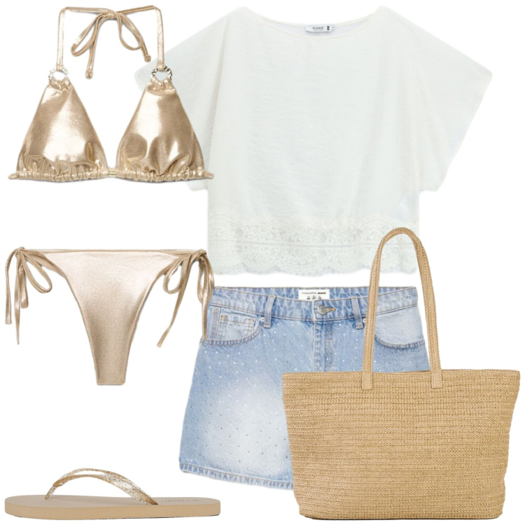 Outfit donna - Tramonto al lido. Stile Chic per Mare. Abbinamento con shopping bag, infradito, bikini, bikini, shorts, bluse.