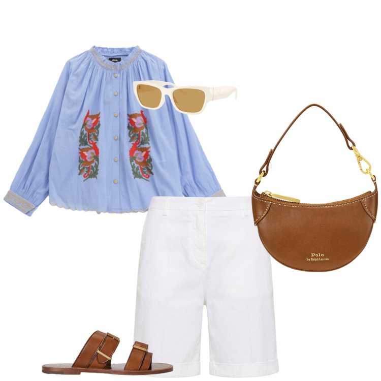 Outfit donna - Look comodo e sofisticato. Stile Casual chic per Mare. Abbinamento con camicie, bermuda, borse a tracolla, occhiali da sole, sandali in pelle.