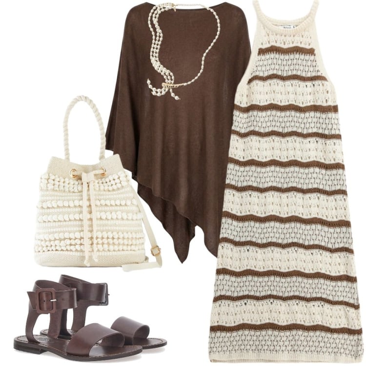 Outfit donna - Summer holidays. Stile Casual chic per Serata fuori. Abbinamento con borse a secchiello, vestiti midi/longuette, collane, cappotti, sandali.