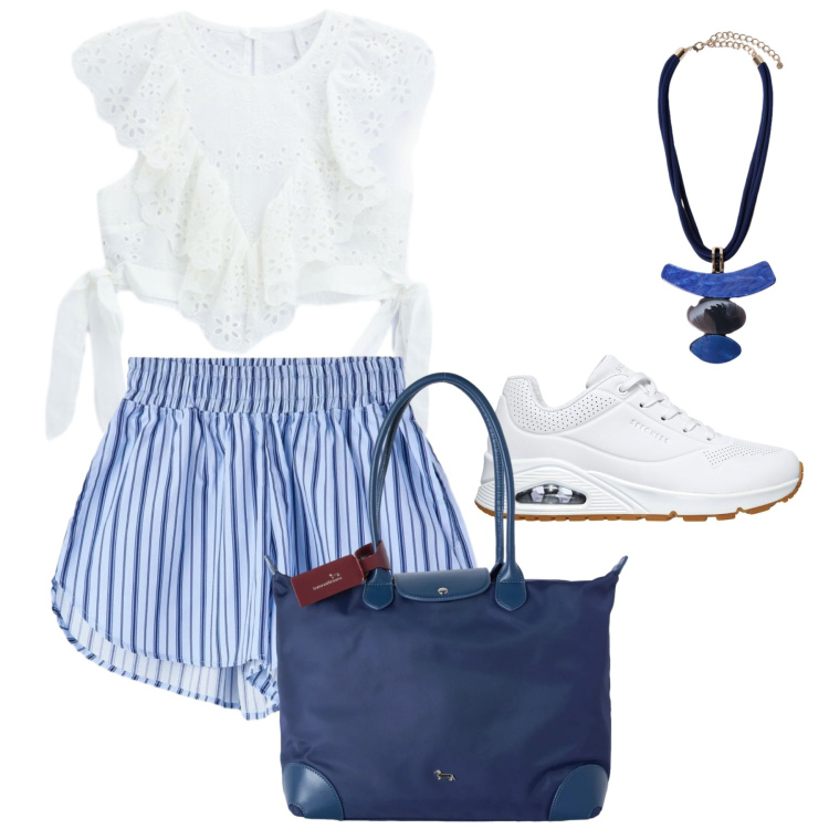 Outfit donna - Estate 2026. Stile Casual chic per Tutti i giorni. Abbinamento con shorts, shopping bag, top, ciondoli, sneakers.