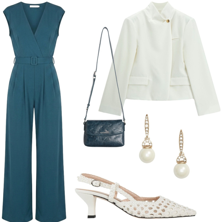 Outfit donna - Tuta magnetica. Stile Chic per Serata fuori. Abbinamento con décolleté, borse a tracolla, blazer, tute, orecchini.