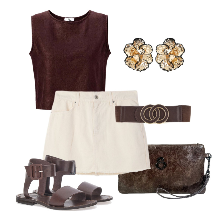 Outfit donna - Lino e cotone in vacanza. Stile Casual per Tutti i giorni. Abbinamento con minigonne, top, orecchini, pochette, sandali, cinture.
