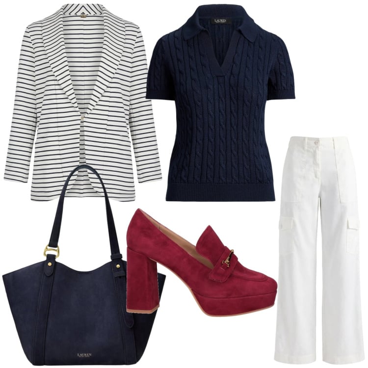 Outfit donna - Righe raffinate. Stile Casual per Tutti i giorni. Abbinamento con mocassini, pantaloni cargo, blazer, polo, borse tote.
