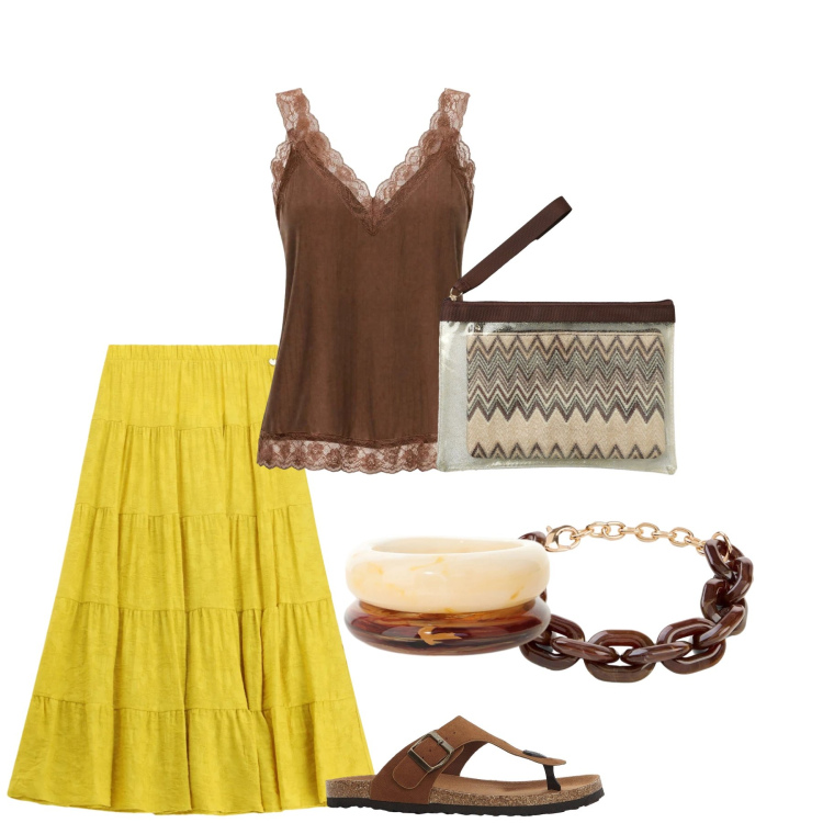 Outfit donna - Colori caldi. Stile Etnico per Mare. Abbinamento con canottiere, gonne lunghe, braccialetti, pochette, braccialetti, infradito.