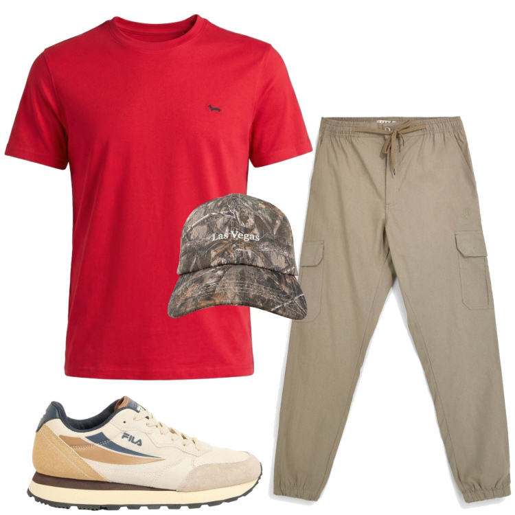 Outfit uomo - Total look #2445091. Stile Urban per Tutti i giorni. Abbinamento con sneakers, cappelli con visiera, t-shirt, pantaloni cargo.
