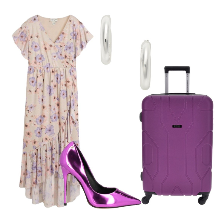 Outfit donna - Glicine estivo. Stile Romantica per Tutti i giorni. Abbinamento con décolleté, vestiti, orecchini, valigie.