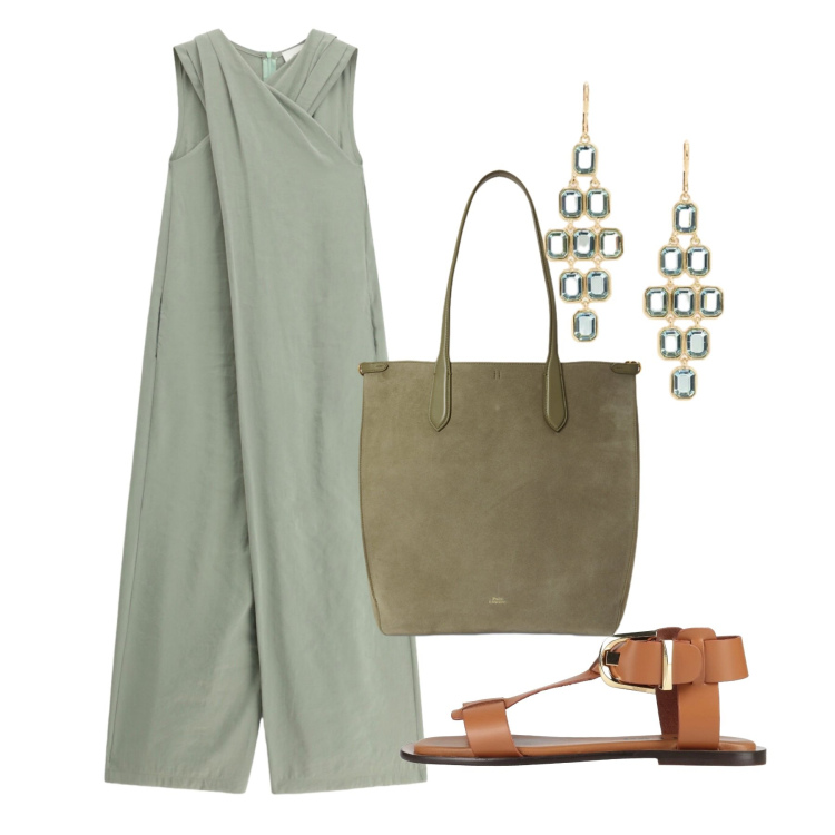 Outfit donna - Acqua di salvia. Stile Minimal per Tutti i giorni. Abbinamento con sandali alla schiava, tute, orecchini, borse tote.