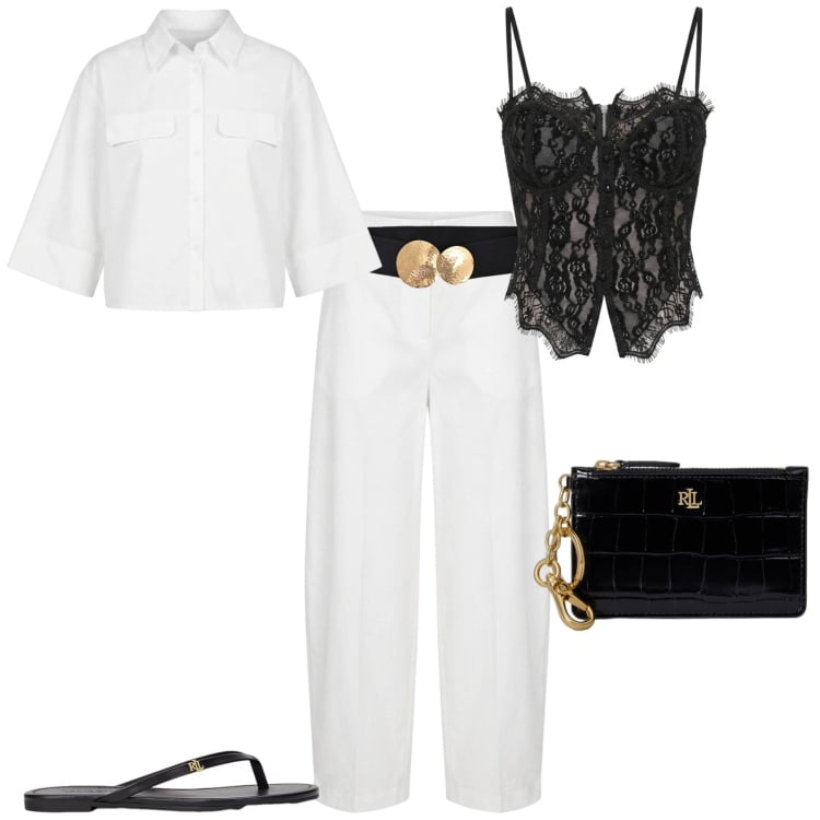 Outfit donna - Minimal chic serata evento aperitivo. Stile Minimal per Serata fuori. Abbinamento con top, cinture, pantaloni, camicie a manica corta, portafogli, ciabatte.