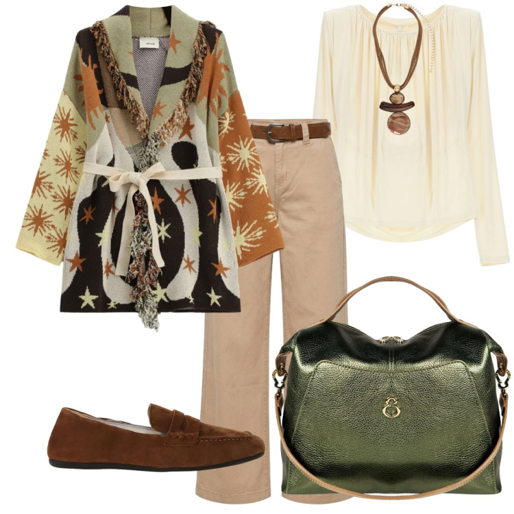 Outfit donna - Pensando all’autunno. Stile Casual chic per Tutti i giorni. Abbinamento con mocassini, cardigans, t-shirt, pantaloni, ciondoli, borse a mano.