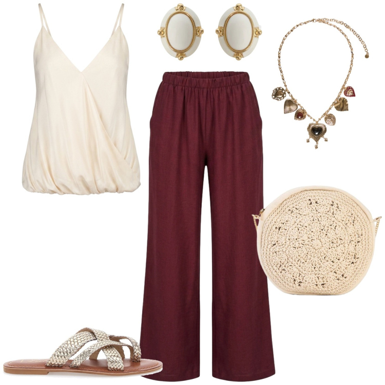 Outfit donna - Boho chic in vacanza. Stile Boho per Serata fuori. Abbinamento con borse a tracolla, orecchini, pantaloni a palazzo, top, collane, infradito.