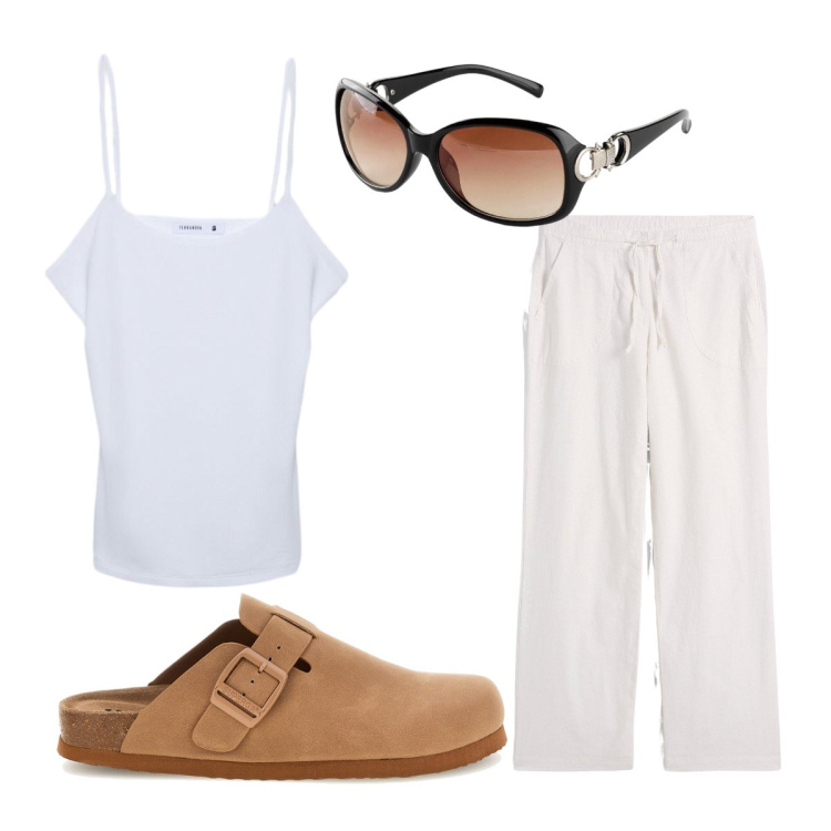 Outfit donna - Oggi mi vesto cosi. Stile Minimal per Tutti i giorni. Abbinamento con pantaloni a palazzo, occhiali da sole, canottiere, sabot.