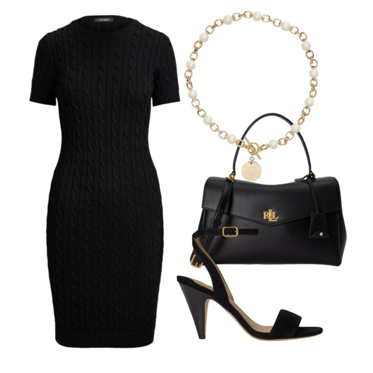 Outfit donna - Agosto Lauren. Stile Chic per Serata fuori. Abbinamento con vestiti a tubino, collane, borse a mano, sandali in pelle.