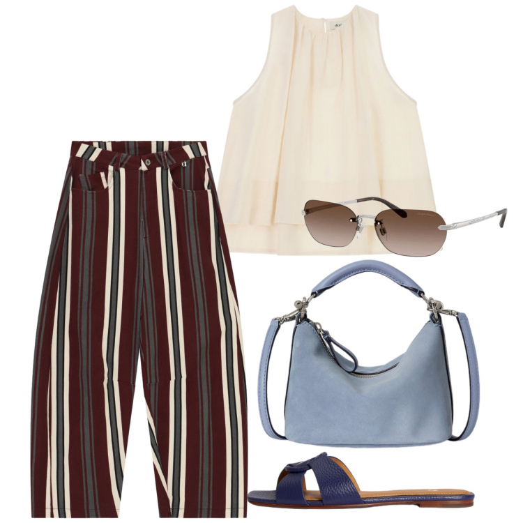 Outfit donna - Balloons a righe. Stile Casual chic per Tutti i giorni. Abbinamento con top, pantaloni a palazzo, sandali in pelle, borse a spalla, occhiali da sole.