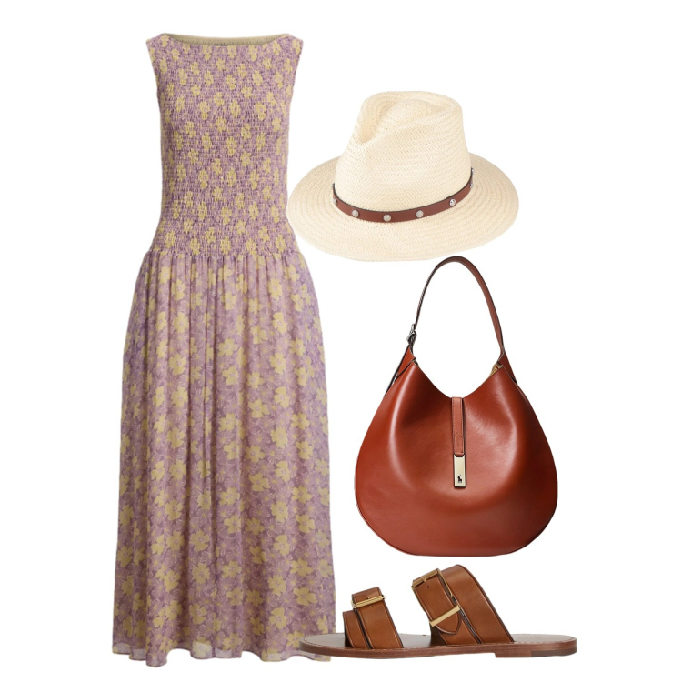 Outfit donna - Promenade. Stile Bon Ton per Tutti i giorni. Abbinamento con cappelli, borse a spalla, sandali in pelle, vestiti.