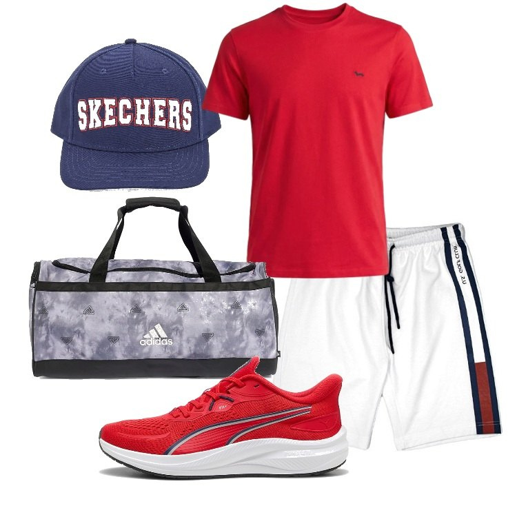 Outfit uomo - Sport agosto. Stile Casual per Sport. Abbinamento con t-shirt, cappelli, pantaloni corti, borse sportive, sneakers alte.