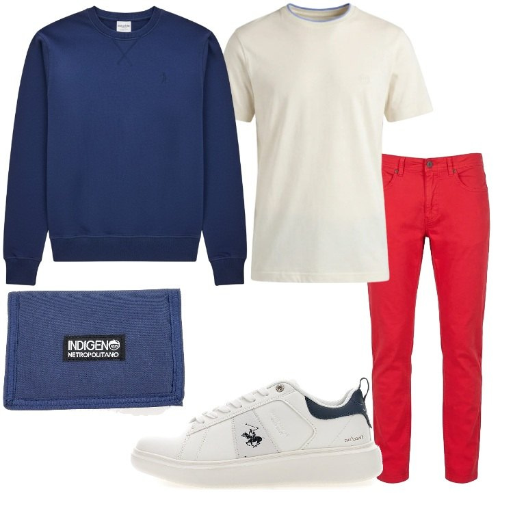 Outfit uomo - Pantaloni rossi. Stile Casual per Tutti i giorni. Abbinamento con pantaloni, t-shirt, sneakers, portafogli, felpe.