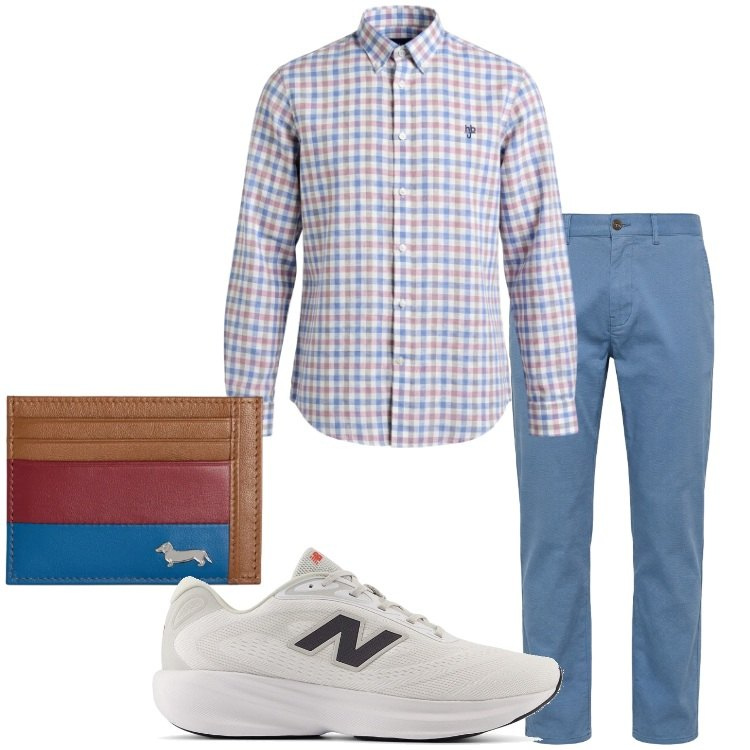 Outfit uomo - La camicia a quadretti. Stile Casual per Ufficio. Abbinamento con portafogli, pantaloni, camicie, scarpe sportive.