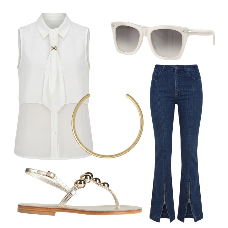 Outfit donna - Agosto. Stile Casual chic per Tutti i giorni. Abbinamento con infradito, camicie a manica corta, jeans a zampa, occhiali da sole, collane.