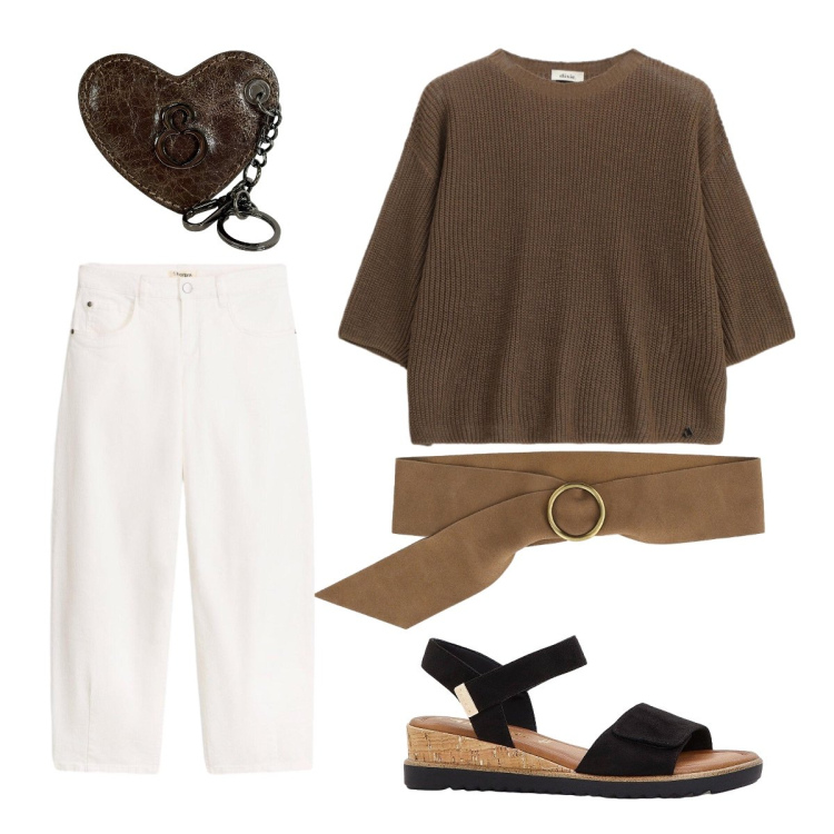 Outfit donna - Panna e cioccolato. Stile Minimal per Ufficio. Abbinamento con sandali, pantaloni, maglieria, cinture, portachiavi.