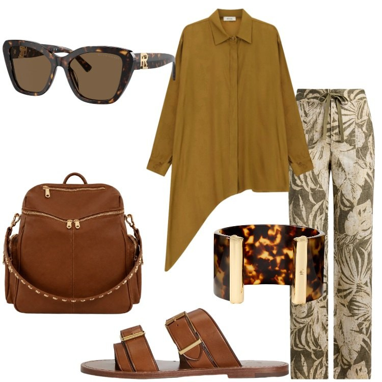 Outfit donna - Summer Holidays. Stile Etnico per Tutti i giorni. Abbinamento con camicie, occhiali da sole, sandali in pelle, pantaloni, braccialetti, zaini.