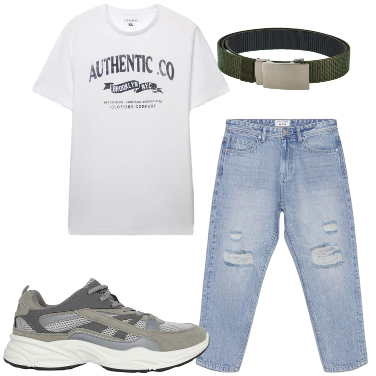 Outfit uomo - Total look #2445172. Stile Casual per Tutti i giorni. Abbinamento con sneakers, jeans strappati, t-shirt, cinture.