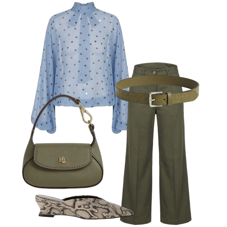 Outfit donna - Total look #2445174. Stile Bon Ton per Ufficio. Abbinamento con pantaloni a palazzo, sabot, cinture, bluse, borse a mano.