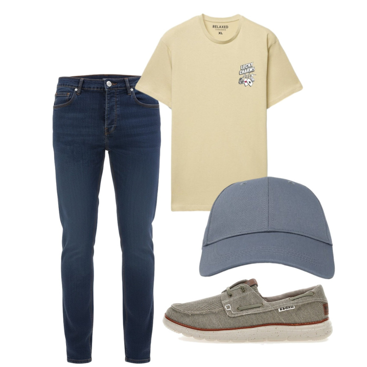 Outfit uomo - Agosto. Stile Casual per Tutti i giorni. Abbinamento con cappelli con visiera, t-shirt, scarpe stringate, jeans slim fit.