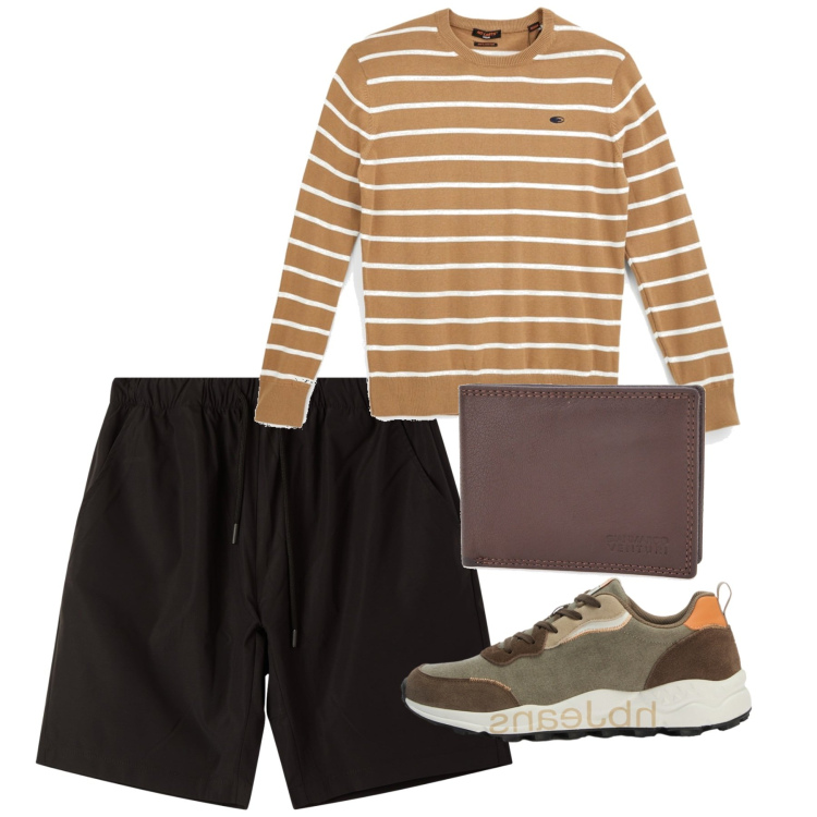 Outfit uomo - Agosto sera. Stile Casual per Tutti i giorni. Abbinamento con sneakers, bermuda, portafogli, pullovers.