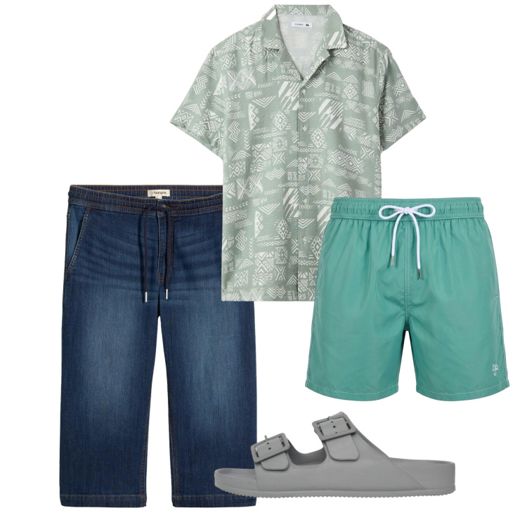 Outfit uomo - Agosto. Stile Casual per Tutti i giorni. Abbinamento con jeans, camicie a manica corta, sandali, costumi.