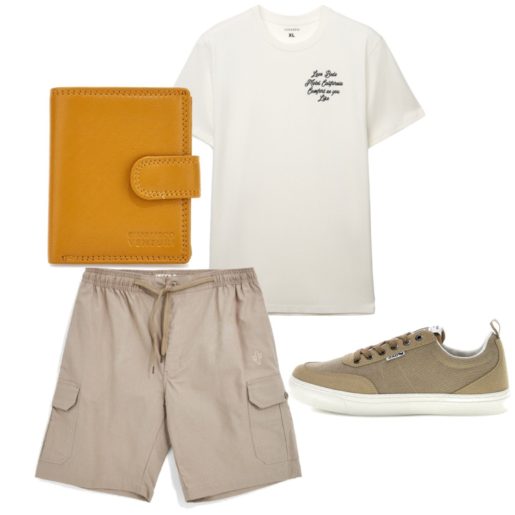 Outfit uomo - Agosto. Stile Casual per Tutti i giorni. Abbinamento con t-shirt, portafogli, sneakers, bermuda.