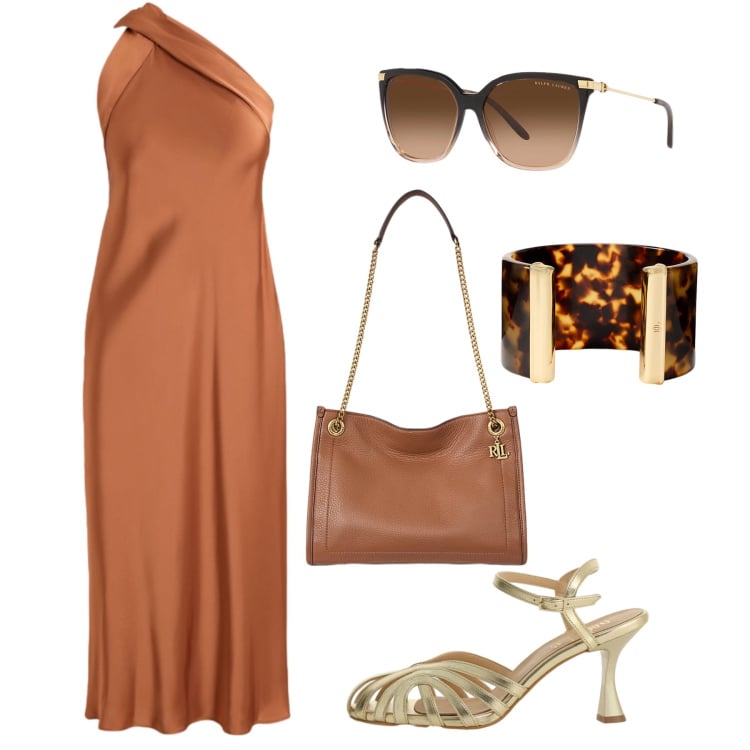 Outfit donna - Sunset cocktail. Stile Chic per Serata fuori. Abbinamento con sandali col tacco, vestiti, occhiali da sole, borse tote, braccialetti.