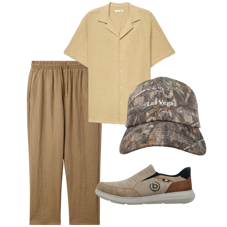 Outfit uomo - Agosto. Stile Casual per Tutti i giorni. Abbinamento con pantaloni, cappelli con visiera, camicie a manica corta, scarpe stringate.