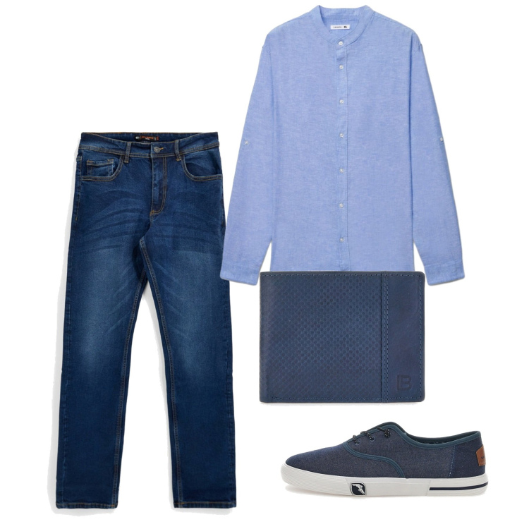 Outfit uomo - Agosto blu. Stile Casual per Tutti i giorni. Abbinamento con camicie, portafogli, sneakers, jeans.