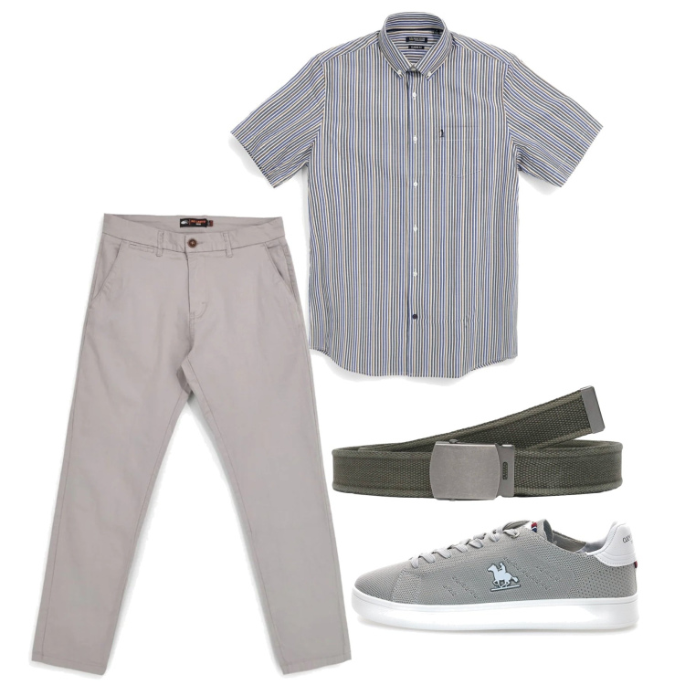 Outfit uomo - Agosto. Stile Casual per Tutti i giorni. Abbinamento con cinture, pantaloni, camicie a manica corta, sneakers.