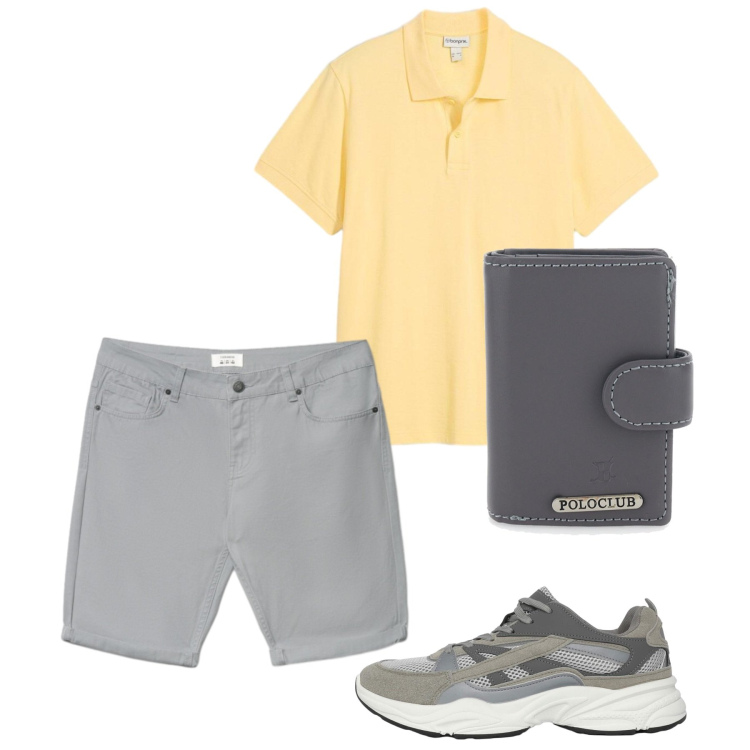 Outfit uomo - Agosto. Stile Casual per Tutti i giorni. Abbinamento con polo, sneakers, bermuda, portafogli.