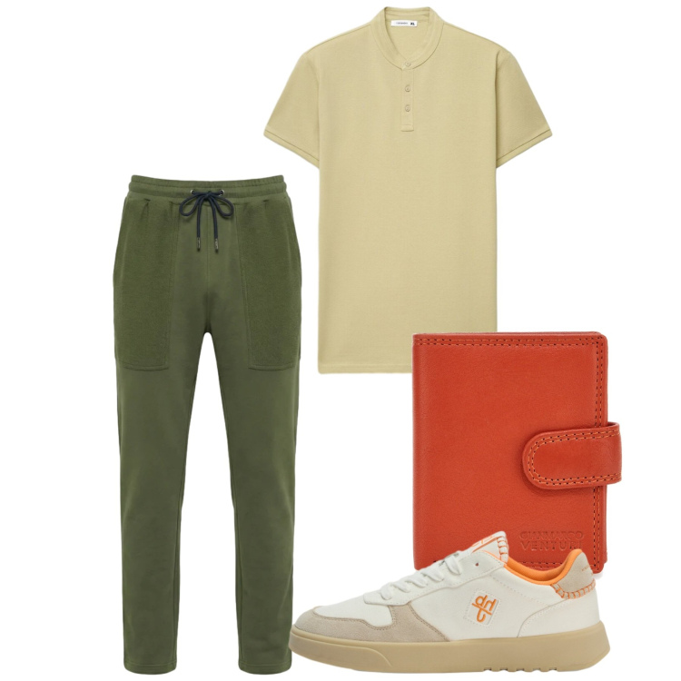 Outfit uomo - Agosto. Stile Casual per Tutti i giorni. Abbinamento con pantaloni, sneakers, polo, portafogli.