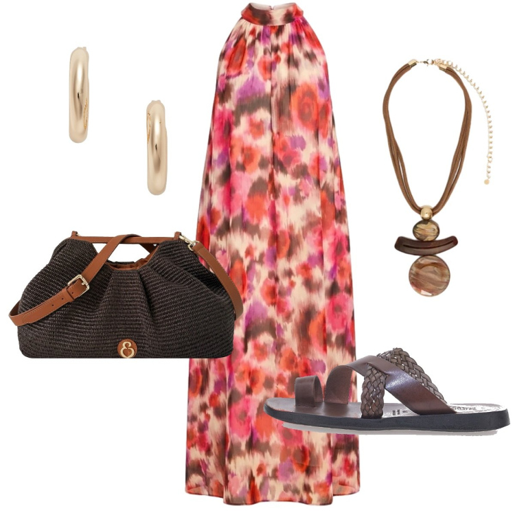 Outfit donna - Aperitivo estivo. Stile Glamour per Serata fuori. Abbinamento con ciondoli, vestiti lunghi, orecchini, clutch, ciabatte.