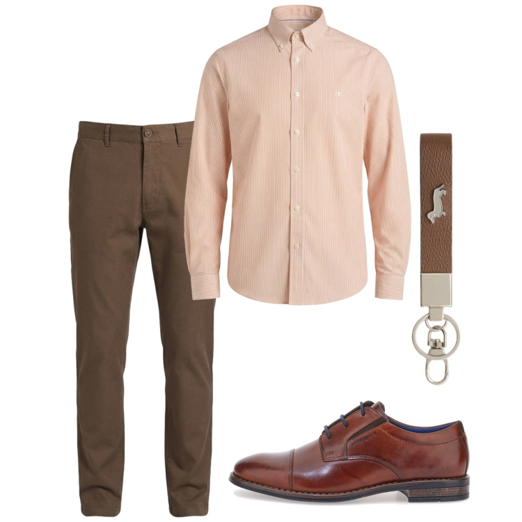 Outfit uomo - Agosto. Stile Casual per Tutti i giorni. Abbinamento con portachiavi, pantaloni, camicie, scarpe stringate.