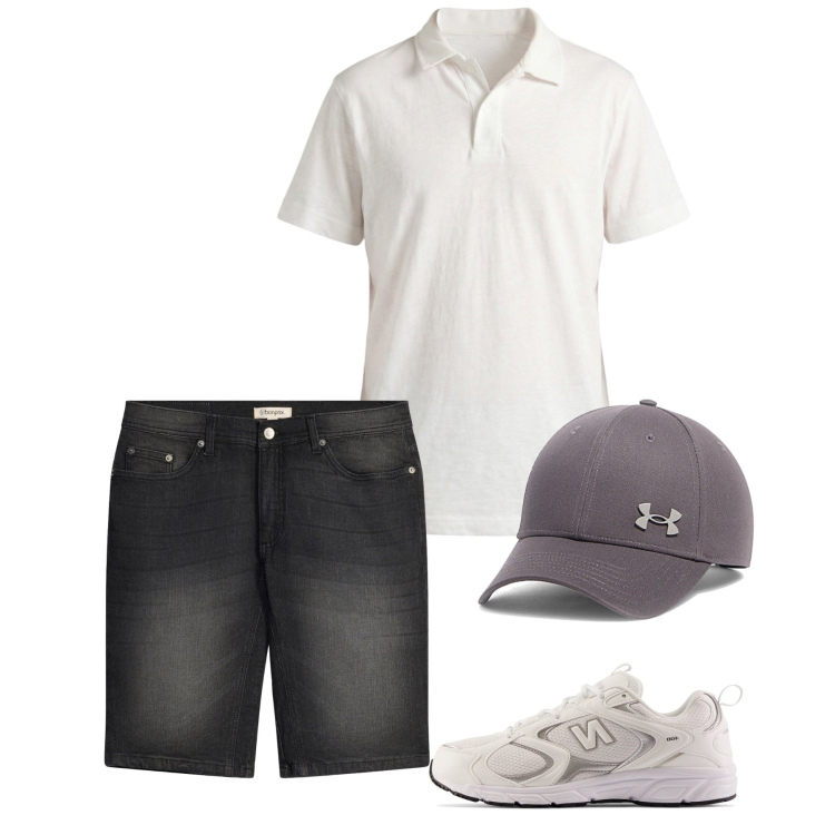 Outfit uomo - Agosto. Stile Casual per Tutti i giorni. Abbinamento con bermuda, polo, cappelli con visiera, sneakers.