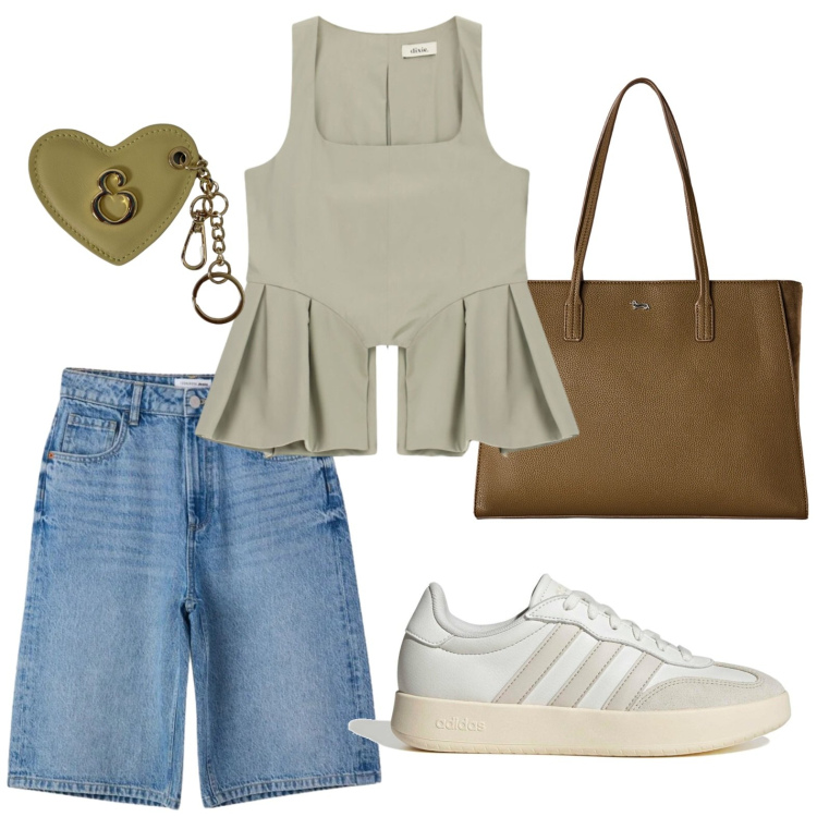 Outfit donna - Top glam. Stile Glamour per Tutti i giorni. Abbinamento con bermuda, shopping bag, top, portachiavi, sneakers.