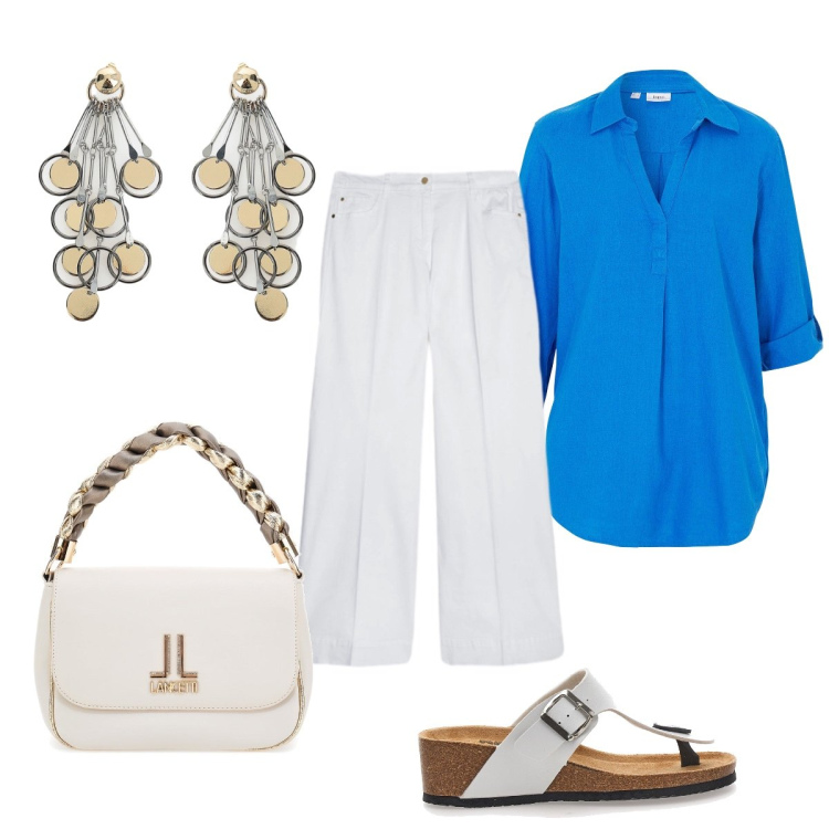 Outfit donna - In centro con le amiche. Stile Bon Ton per Tutti i giorni. Abbinamento con bluse, orecchini, pantaloni, borse a tracolla, infradito.