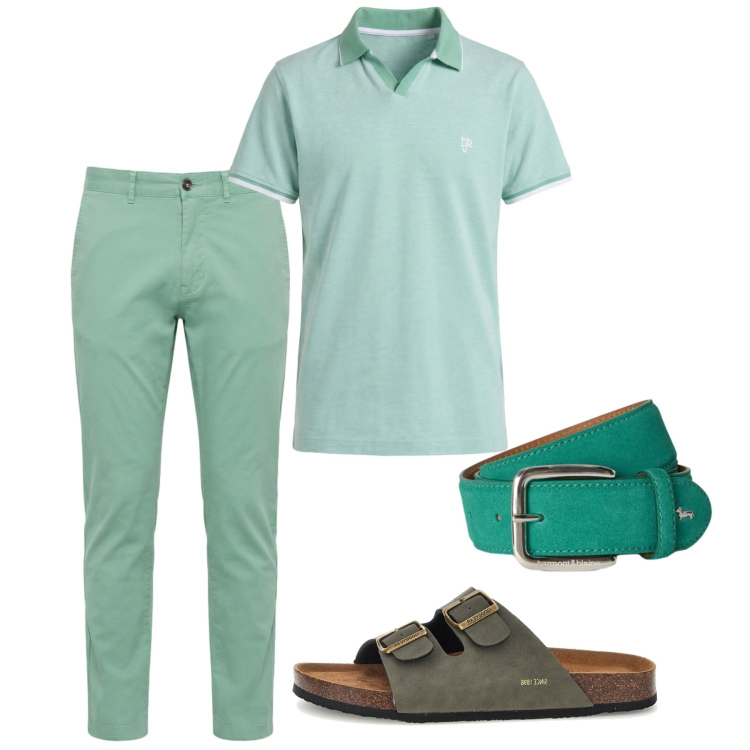 Outfit uomo - Menta mood. Stile Casual per Tutti i giorni. Abbinamento con pantaloni, polo, cinture, sandali.