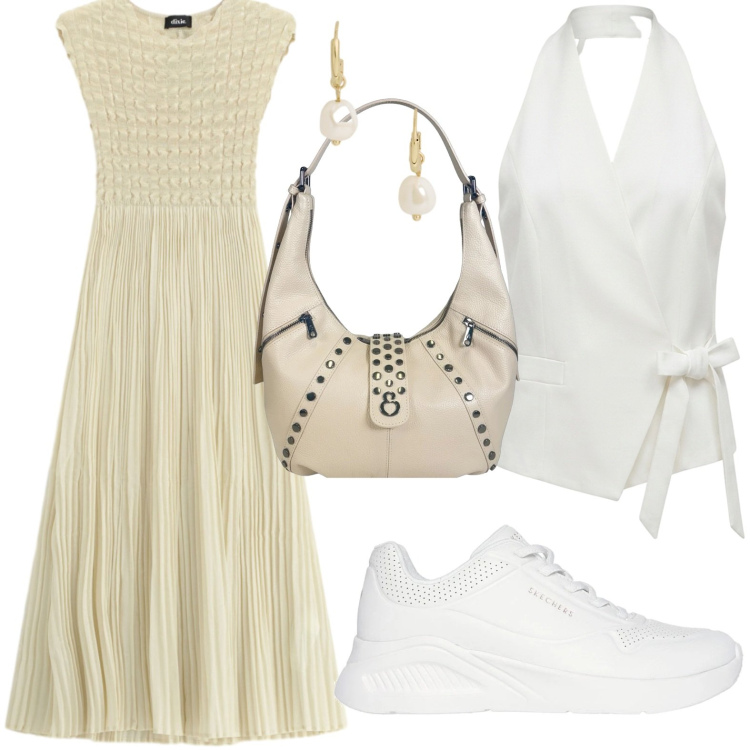 Outfit donna - Voilà il plissè. Stile Romantica per Tutti i giorni. Abbinamento con vestiti lunghi, gilet, orecchini, borse a spalla, sneakers.