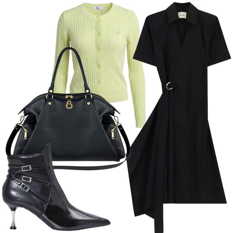 Outfit donna - Urban street. Stile Basic per Serata fuori. Abbinamento con cardigans, vestiti midi/longuette, stivaletti, shopping bag.