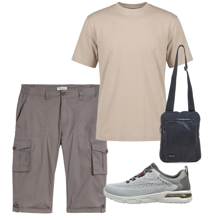 Outfit uomo - Agosto. Stile Casual per Tutti i giorni. Abbinamento con bermuda, t-shirt, portafogli, sneakers.